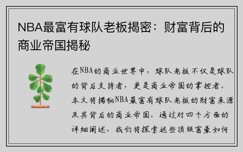 NBA最富有球队老板揭密：财富背后的商业帝国揭秘